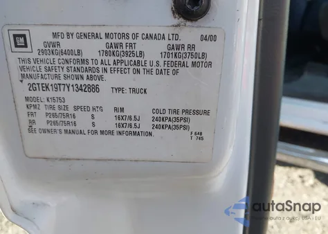 2000 GMC Sierra 1500 Sle z USA, uszkodzony, nr VIN 2GTEK19T7Y1342886